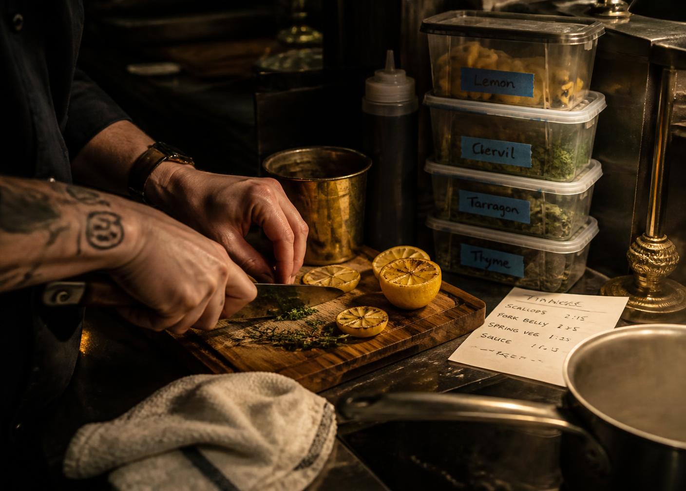 Hands prepping herbs and citrus beside labelled cold-hold containers and a timing note