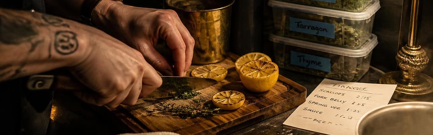 Hands picking thyme over a board of charred lemon halves, beside stacked containers labelled Lemon, Chervil, Tarragon and Thyme and a handwritten timing list